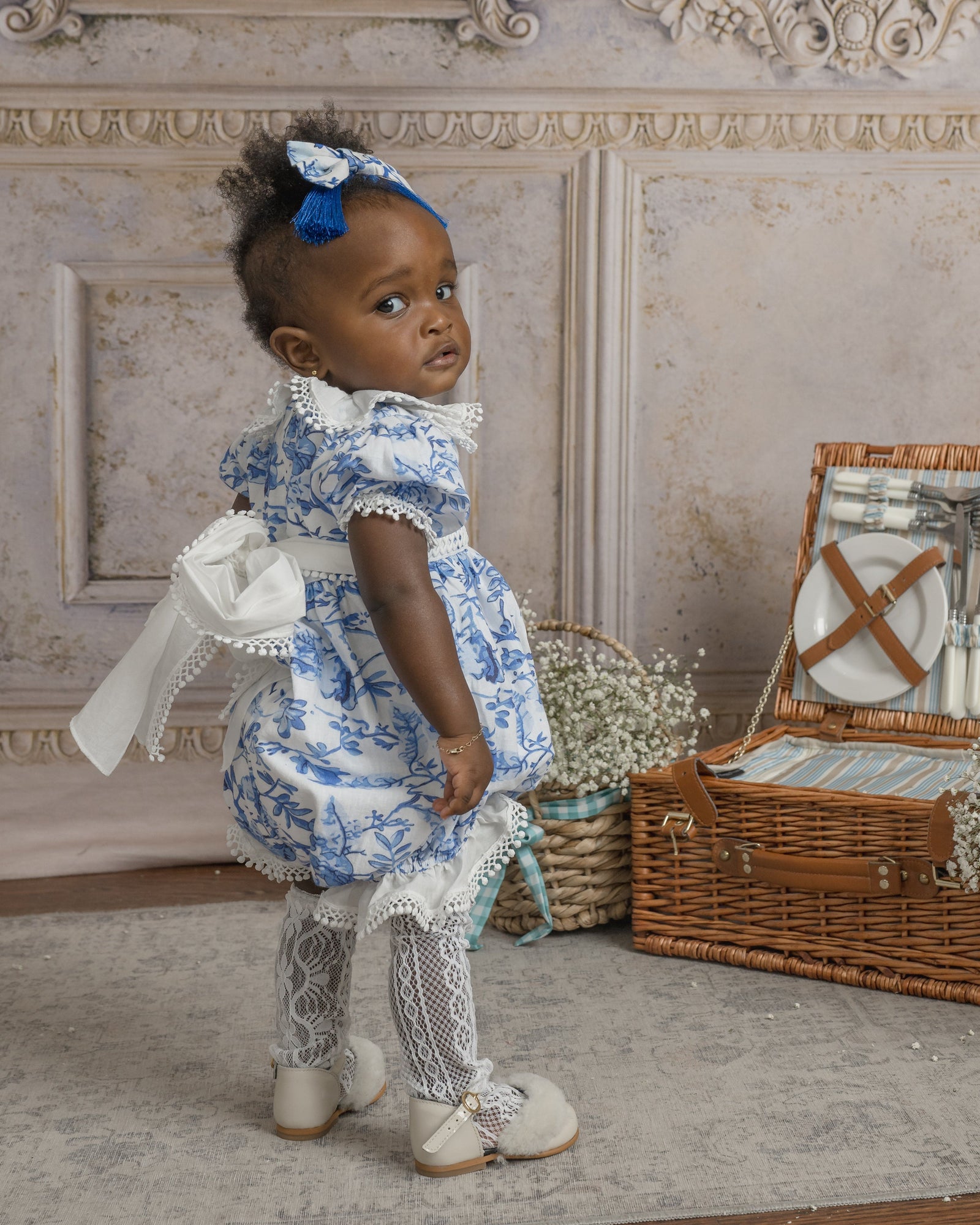 Jaylin Blue and White Linen Romper - Petite Maison Kids