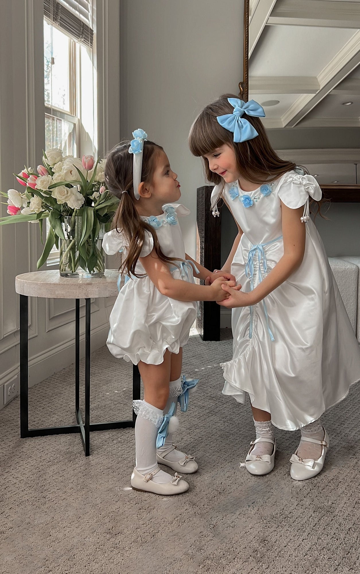 Baby Girls | Daphne Satin Dress with Embroidery | White & Blue