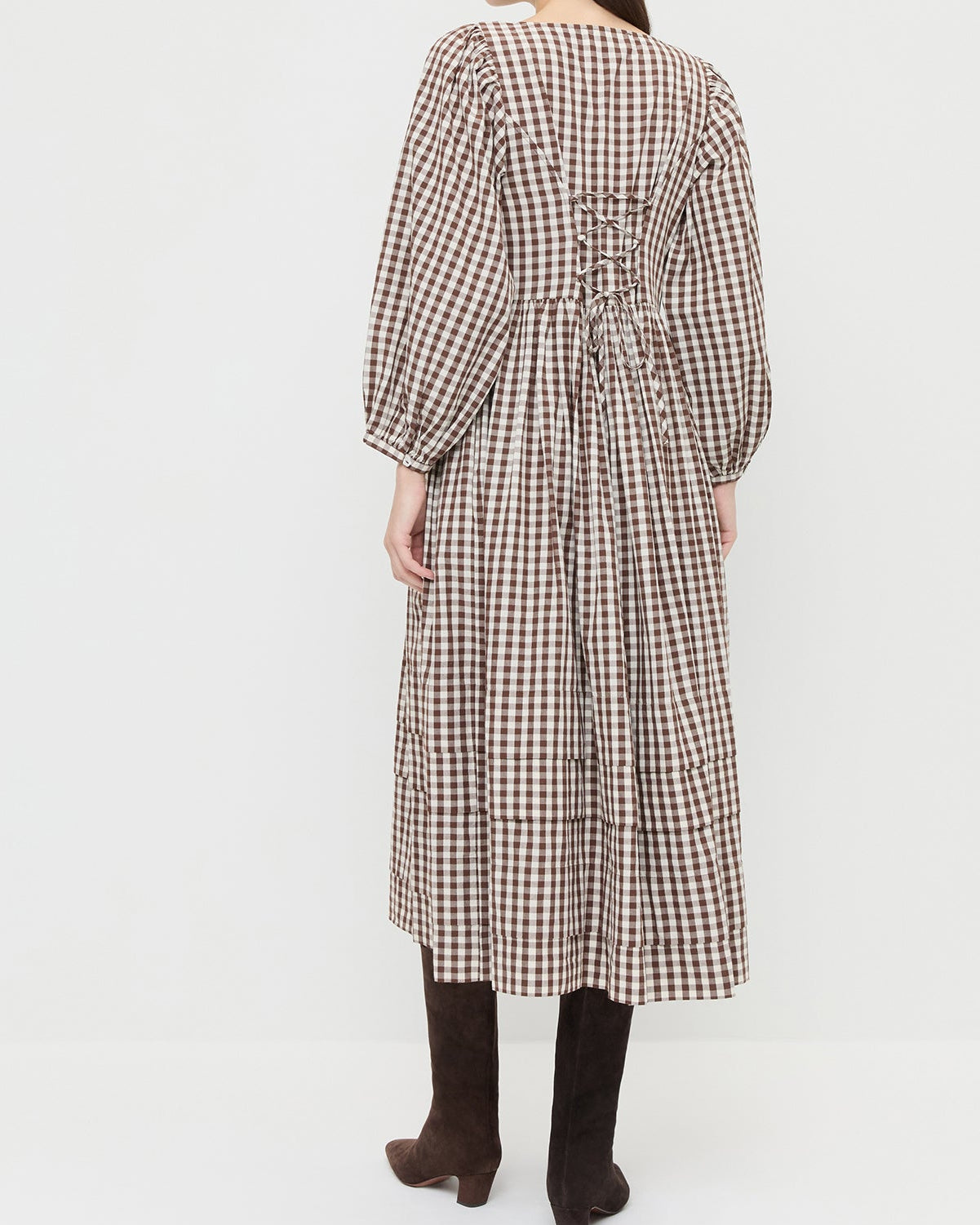 Diane Dress in brown and cream gingham cotton and Cleo Brown Suede Mid-Calf Boot.