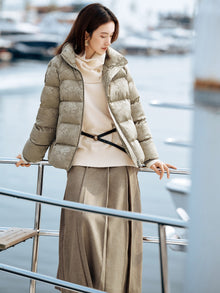 Silk Jacquard Stand-Collar Goose Down Coat | Khaki