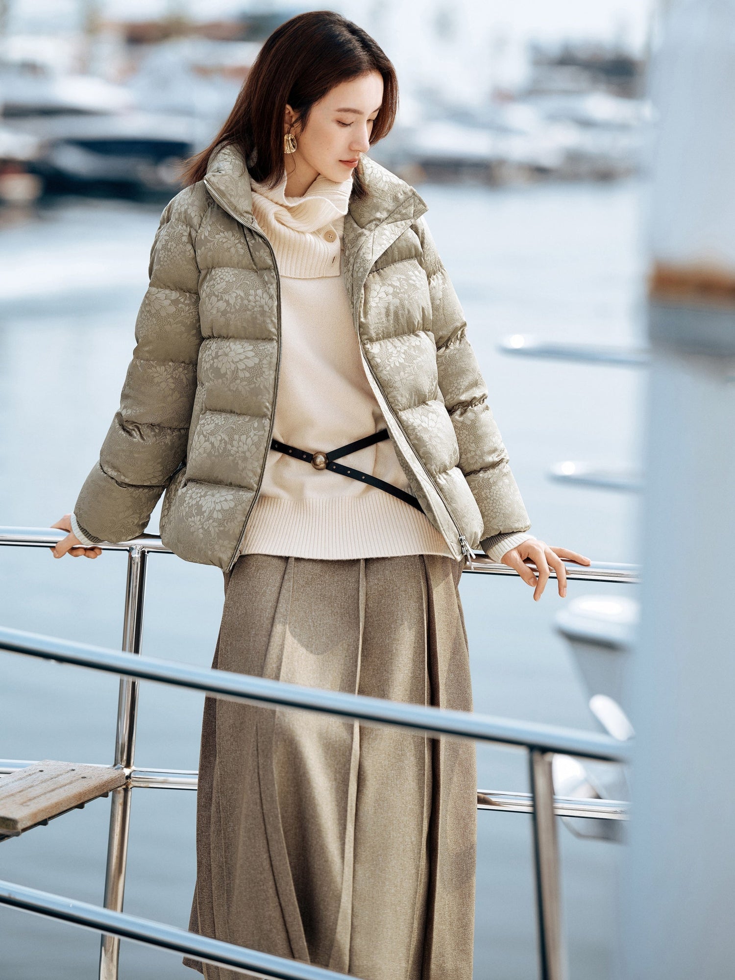 Silk Jacquard Stand-Collar Goose Down Coat | Khaki