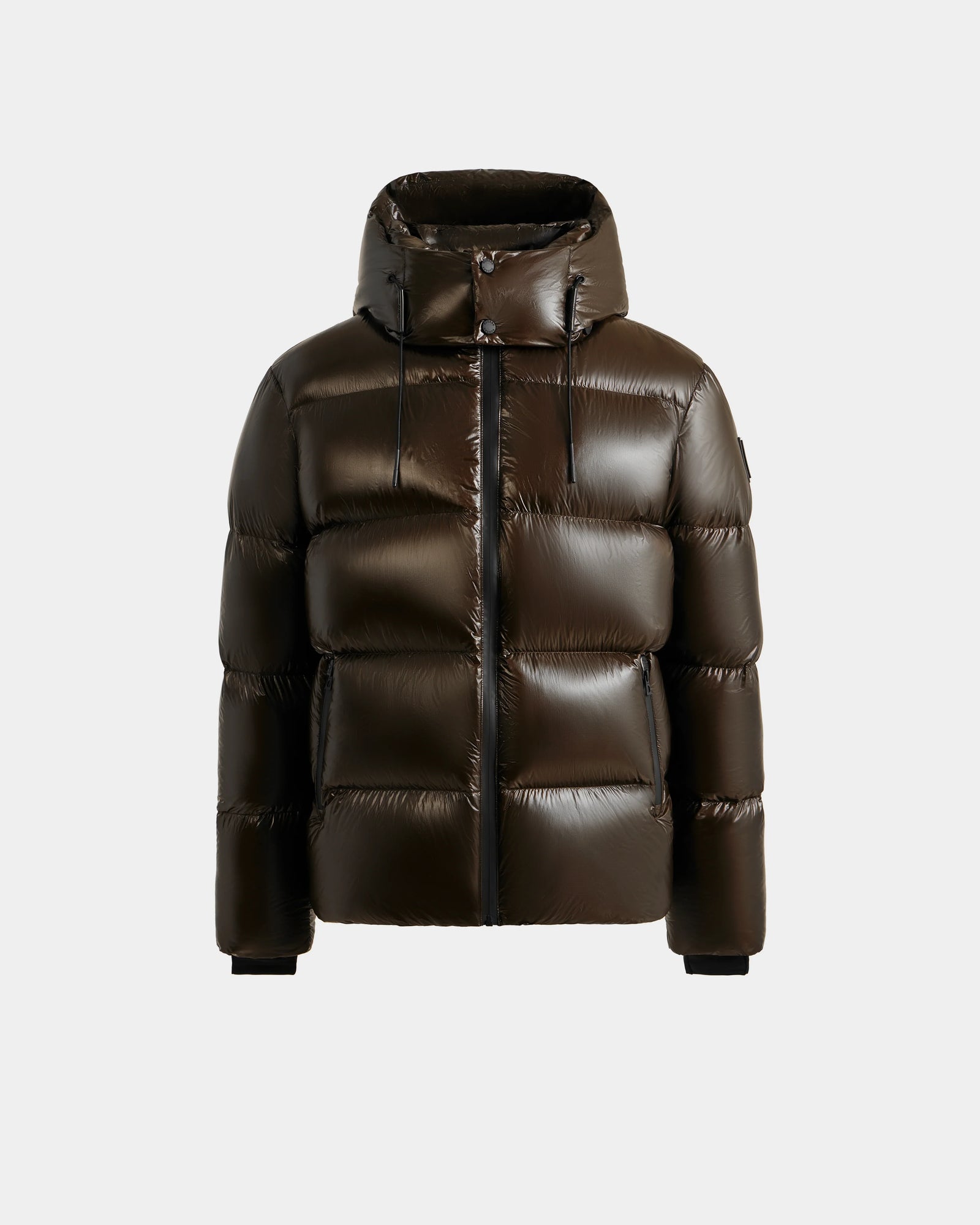 The Rudsak DANIEL S - M124508 Espresso is a shiny, dark brown men’s hooded down puffer jacket with a weather-resistant glossy shell, front zipper, and horizontal quilting, shown on a plain light gray background.