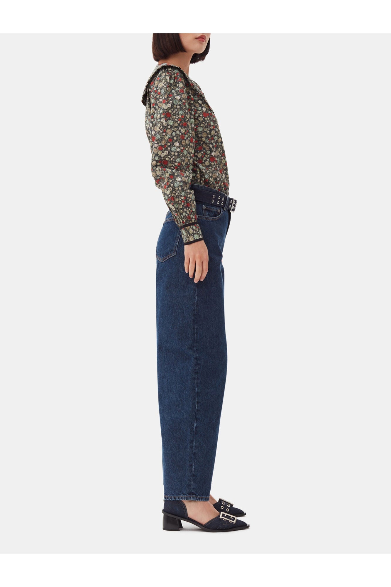 Denim Feminine Buckle Open Cut Pumps | Dark Navy