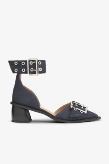 Denim Feminine Buckle Open Cut Pumps | Dark Navy