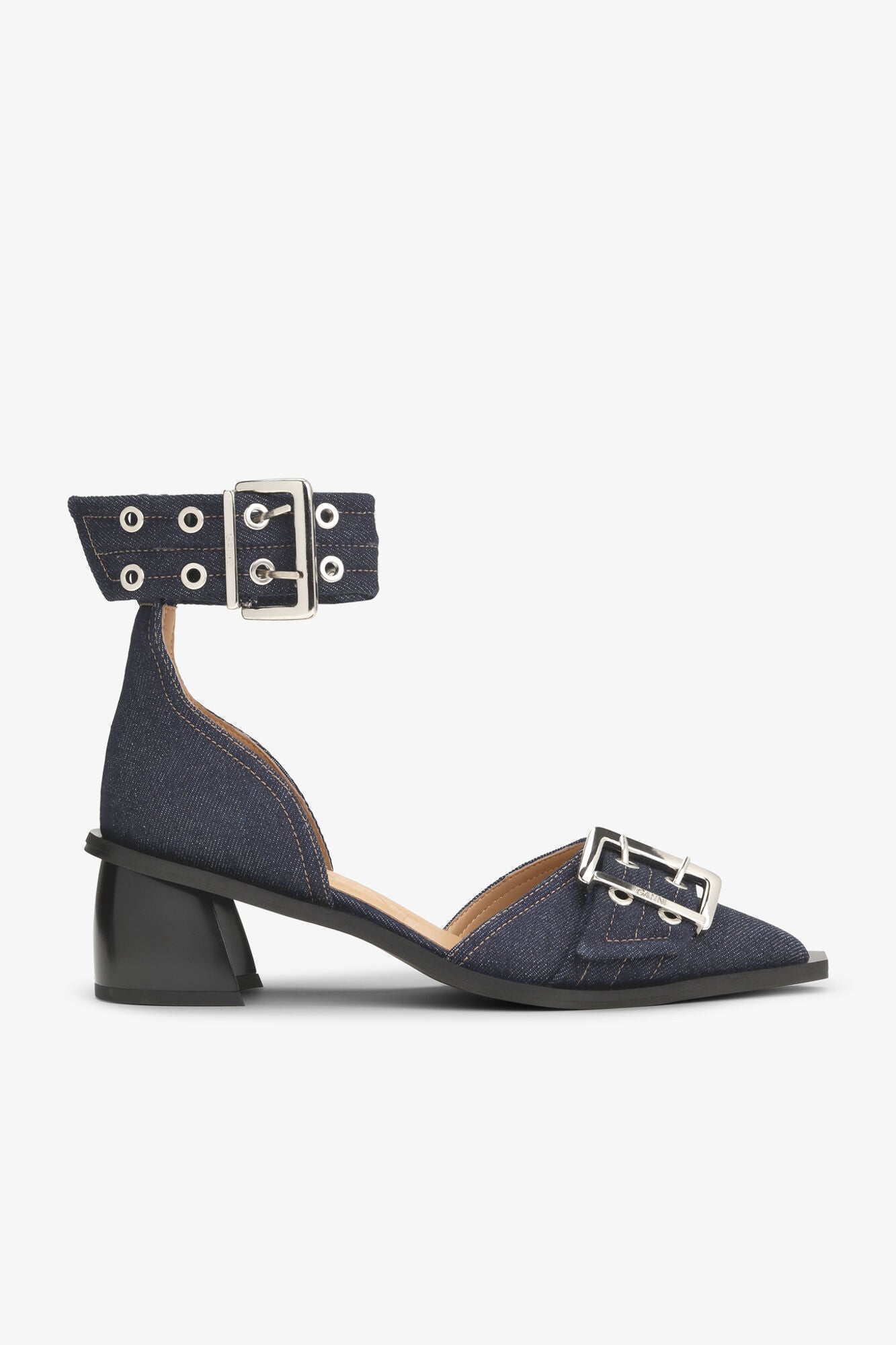 Denim Feminine Buckle Open Cut Pumps | Dark Navy
