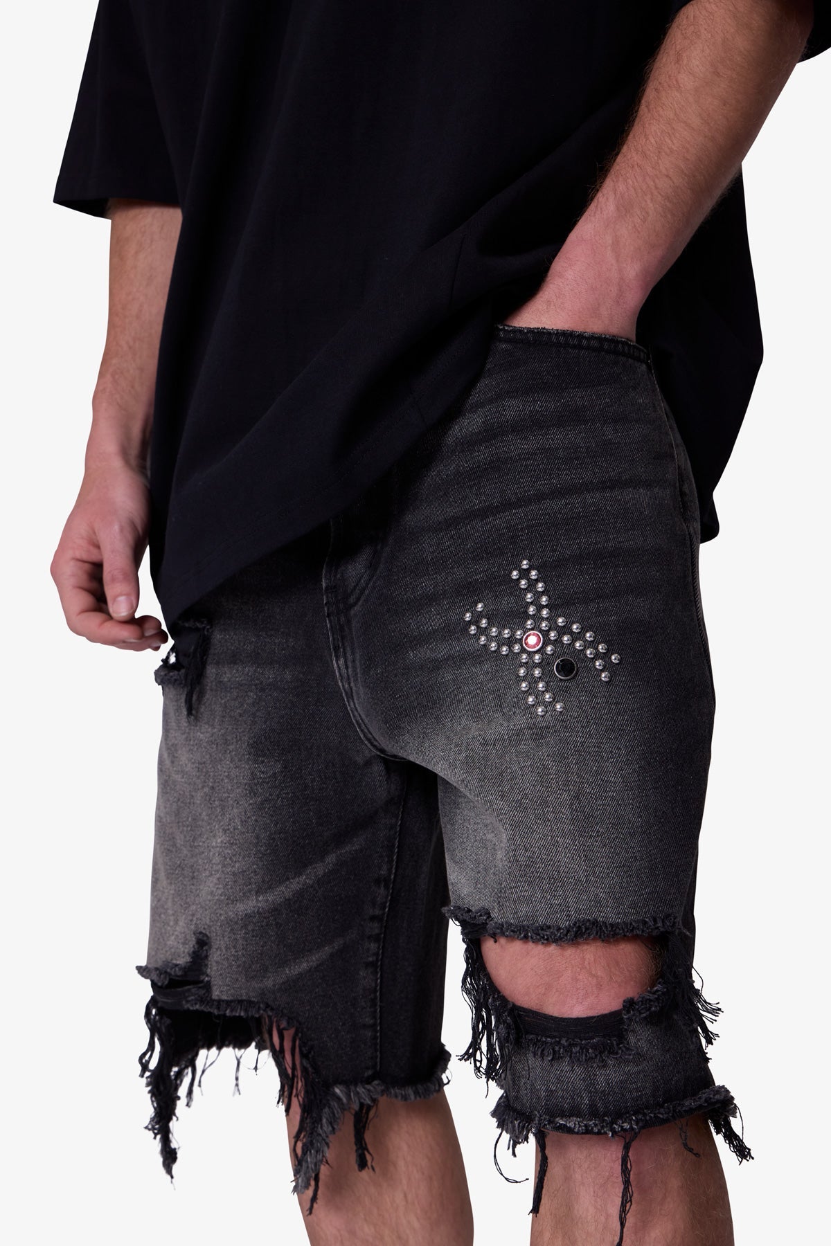 Distressed Spider Denim Shorts | Washed Black