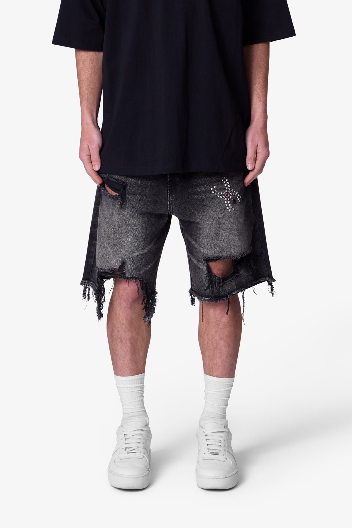 Distressed Spider Denim Shorts | Washed Black