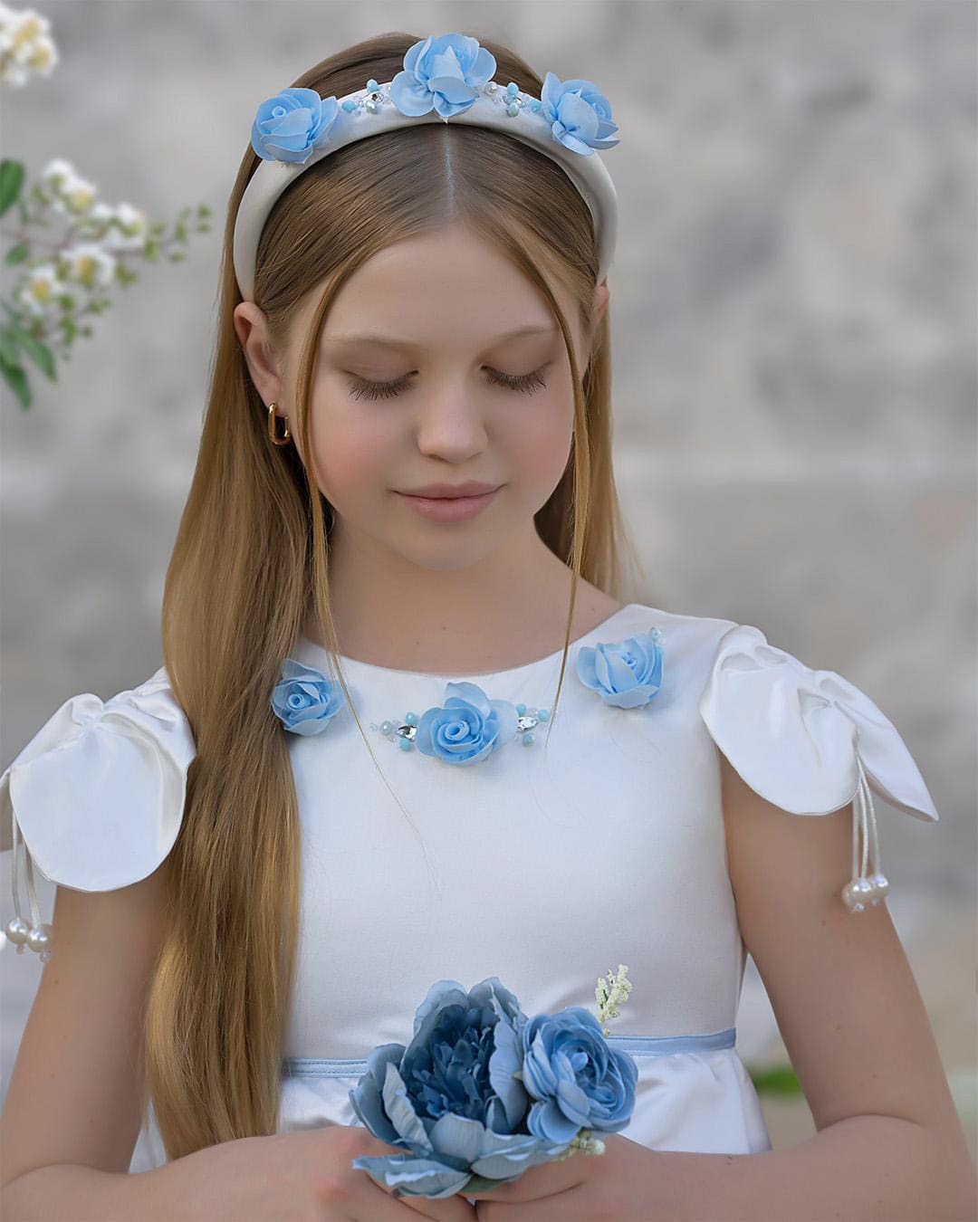 Baby Girls | Daphne Satin Dress with Embroidery | White & Blue