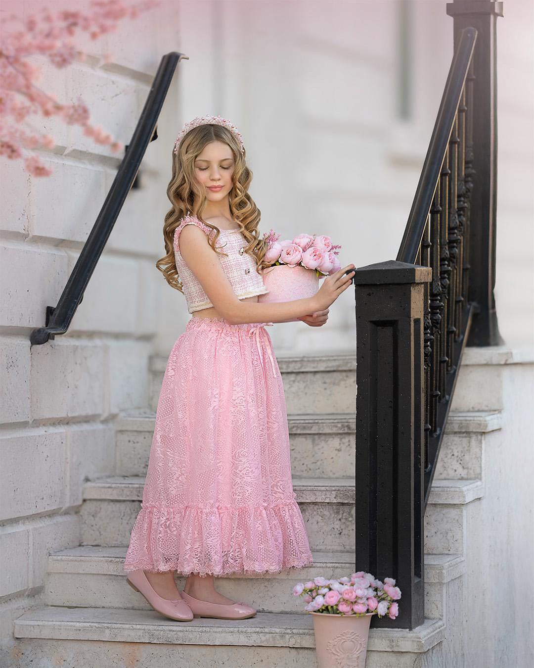 Baby Girls | Molly Tweed Top and Lace Skirt Set | Pink
