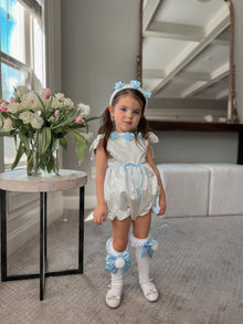 Baby Girls | Daphne Satin Romper with Embroidery | White & Blue