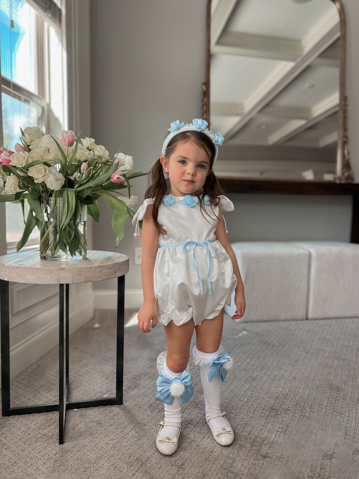 Baby Girls | Daphne Satin Romper with Embroidery | White & Blue