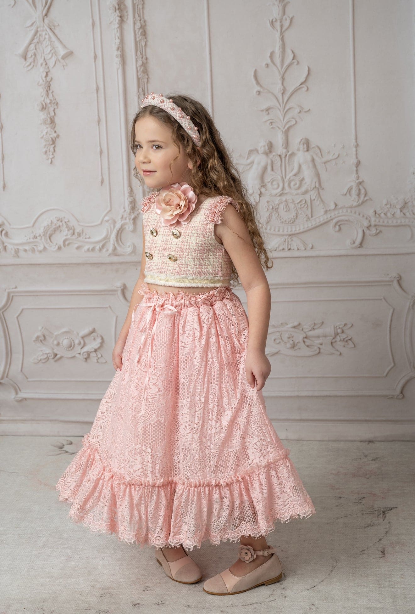 Baby Girls | Molly Tweed Top and Lace Skirt Set | Pink