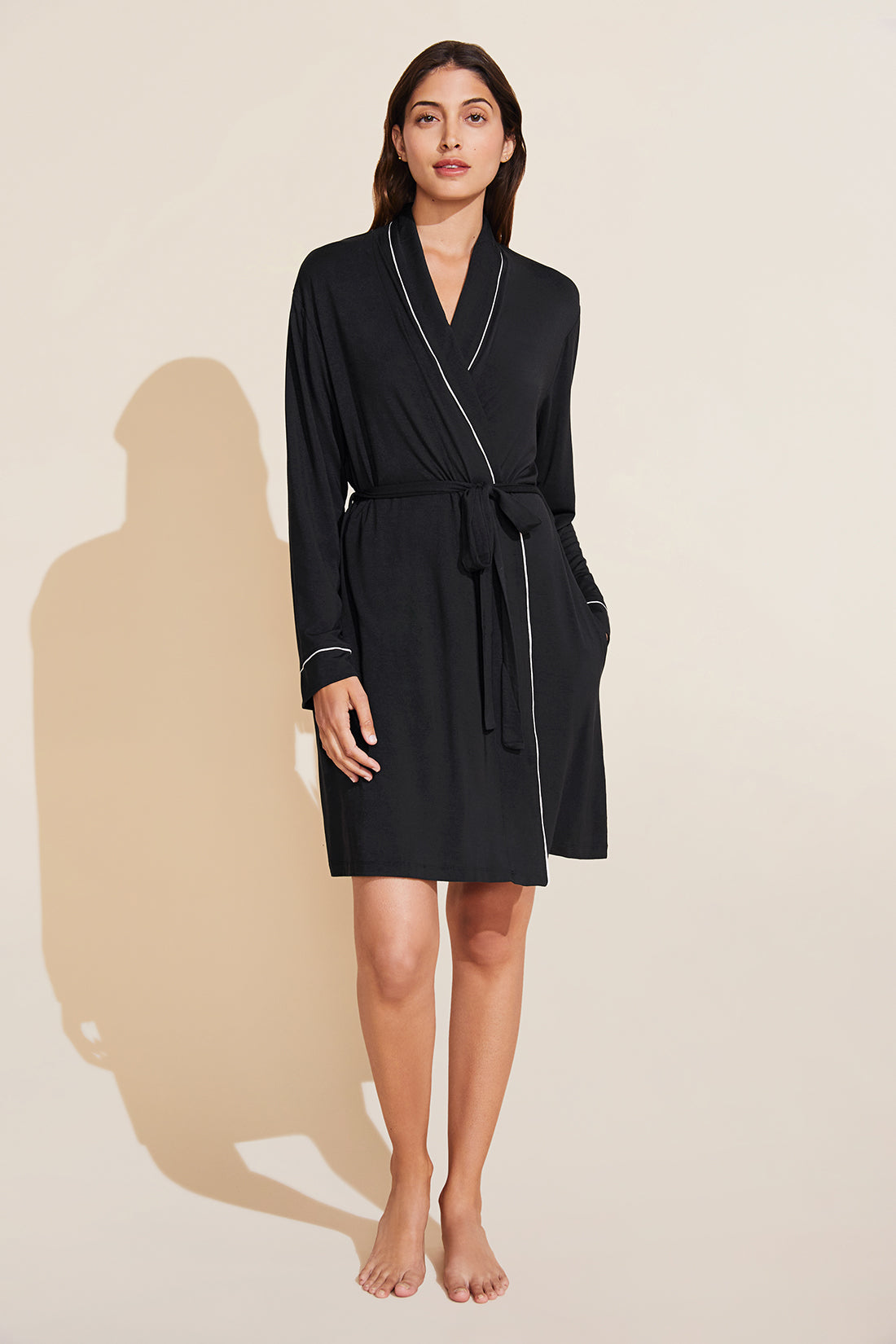 Model is wearing the Gisele TENCEL Modal Robe in Black/Sorbet Pink.