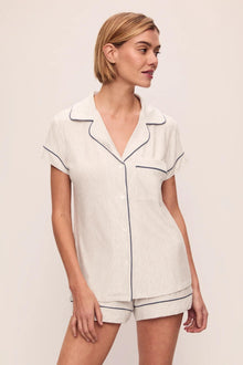 Model is wearing Gisele Printed TENCEL Modal Shortie PJ Set in Heritage Stripe Light Heather Grey/Peppercorn