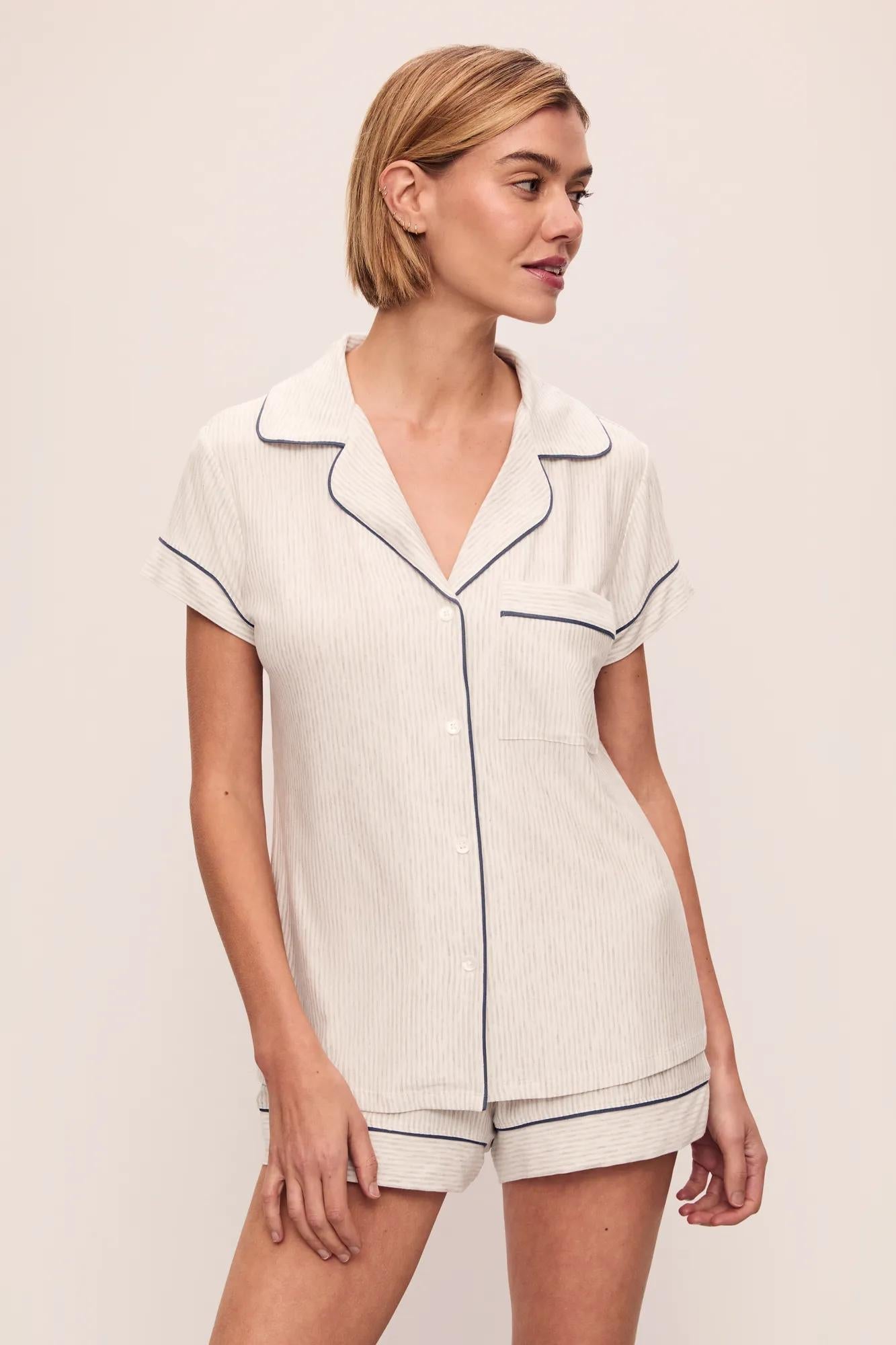 Model is wearing Gisele Printed TENCEL Modal Shortie PJ Set in Heritage Stripe Light Heather Grey/Peppercorn