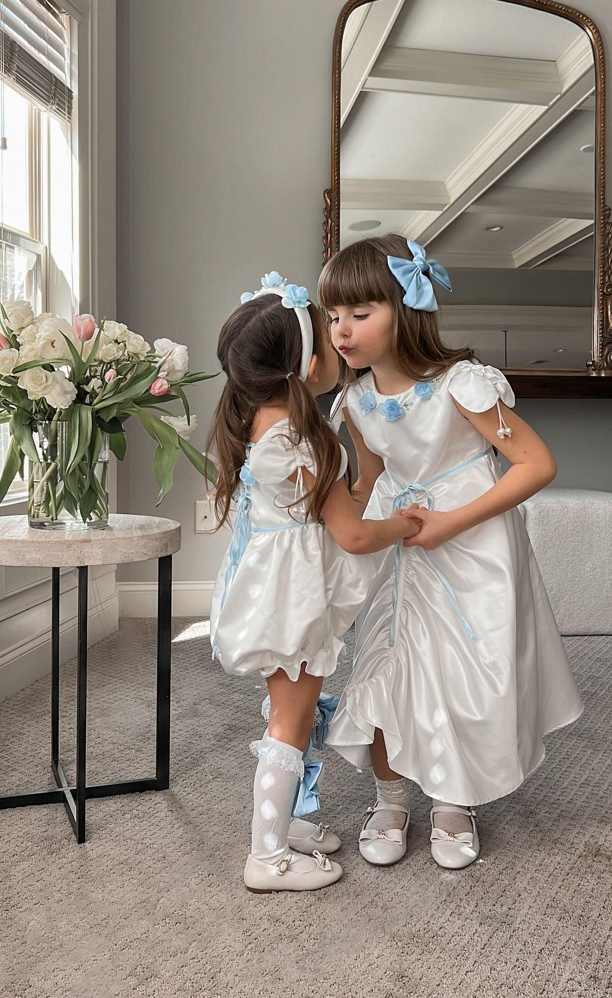 Baby Girls | Daphne Satin Dress with Embroidery | White & Blue