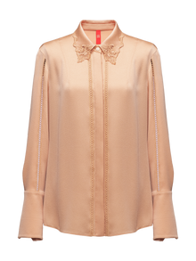 Embroidered Collar Silky Crop Shirt | Camel