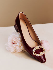 Decorative Buckle Chunky Heel Commuter Flats | Wine Red