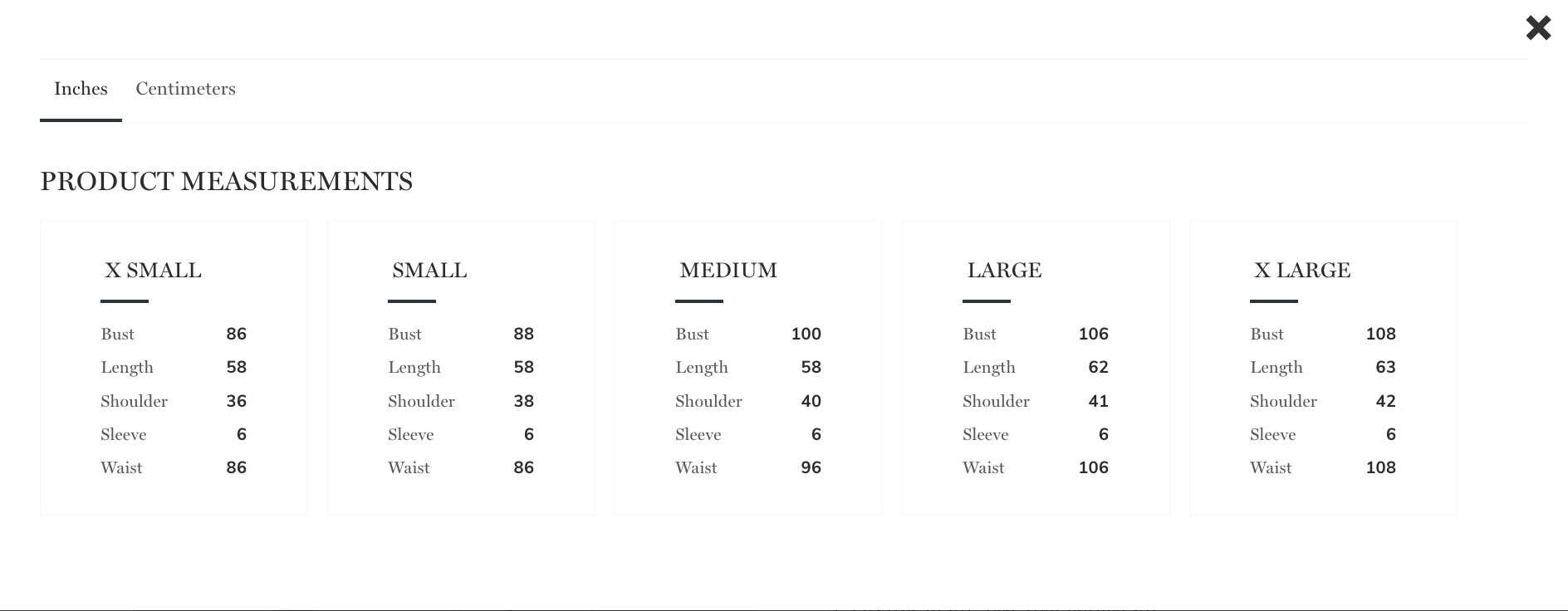 Product size guide
