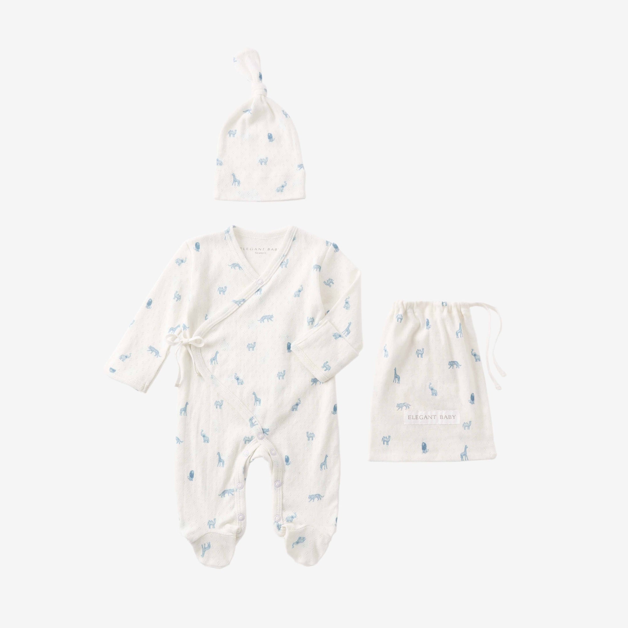 Boys | Blue Safari Print Organic Cotton Pointelle Layette 2 Pc Gift Set | Blue