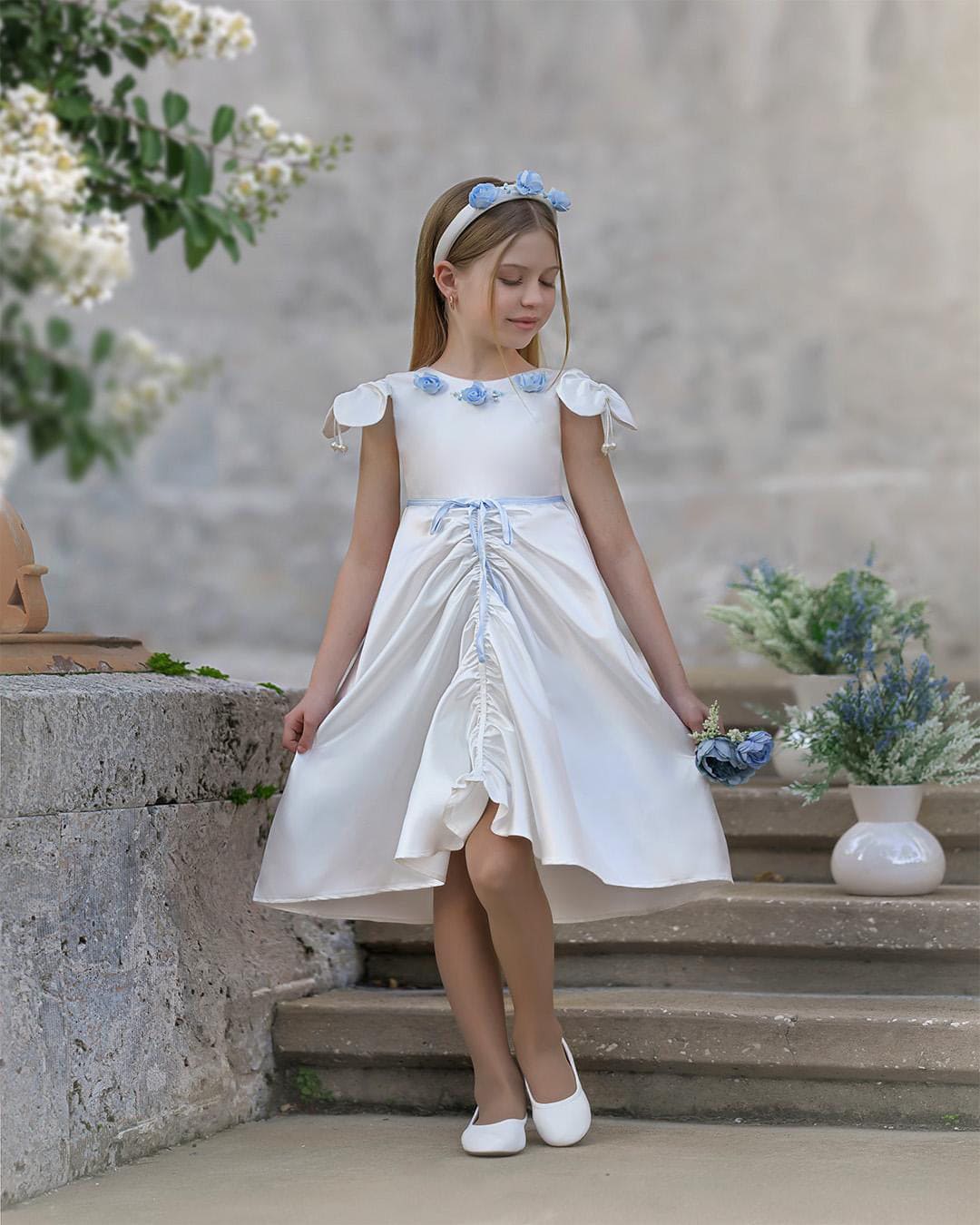 Baby Girls | Daphne Satin Dress with Embroidery | White & Blue