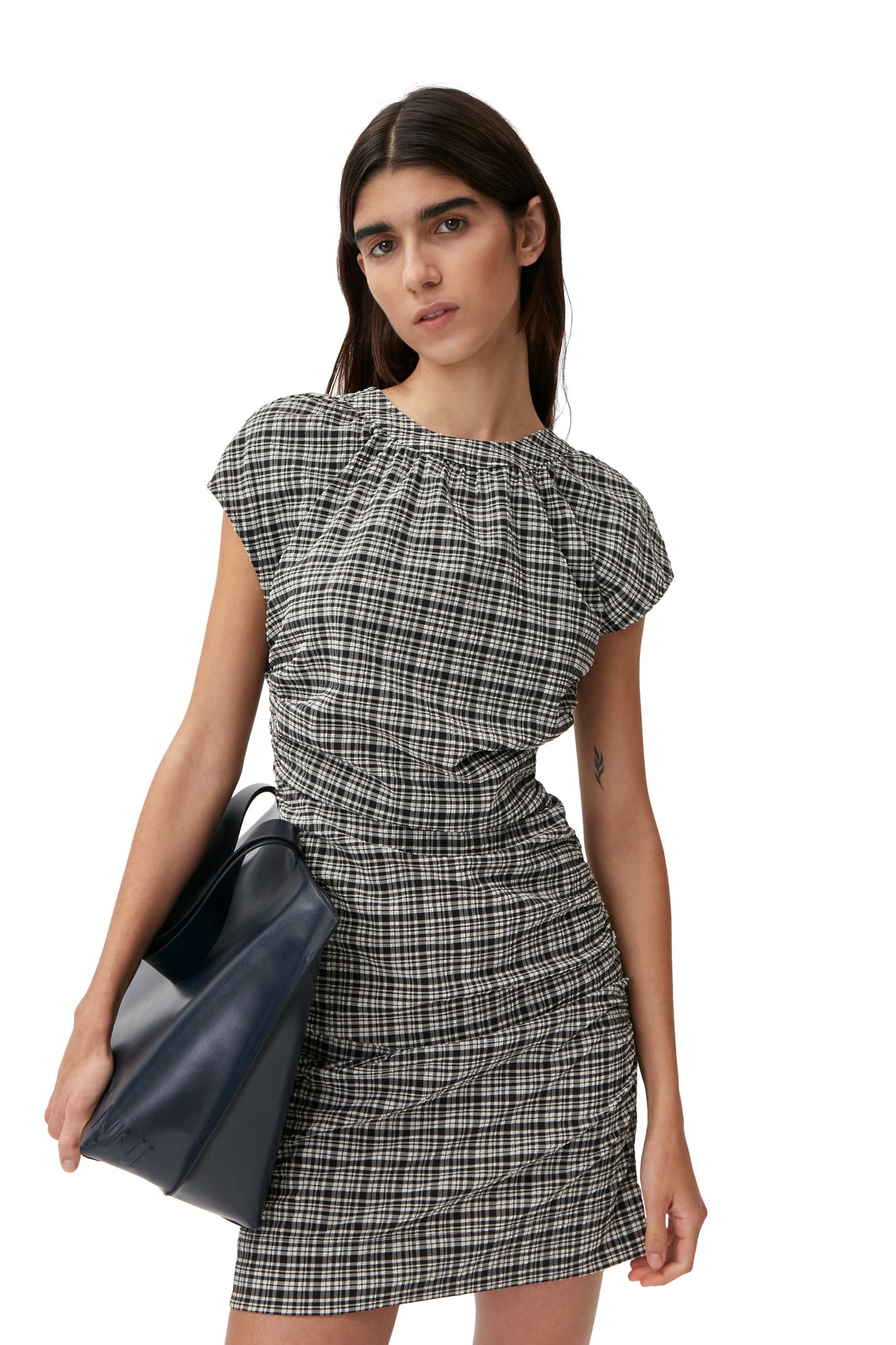 Stretch Seersucker Open Back Mini Dress | Mini Check Black