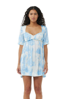 Printed Satin Short Sleeve Mini Dress | Powder Blue