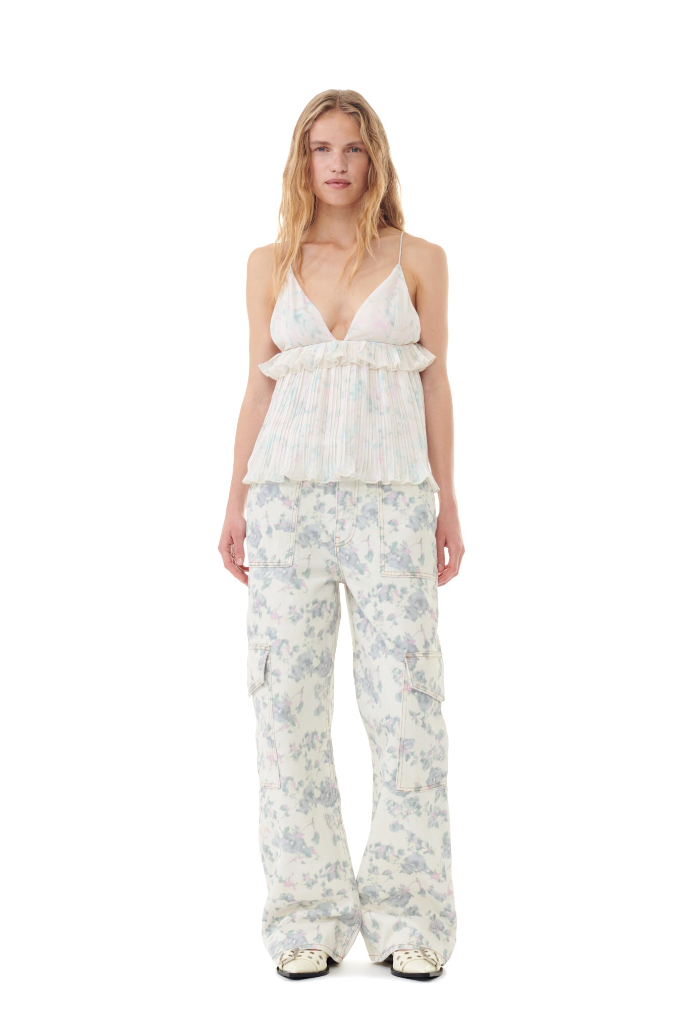 Pleated Georgette Strap Top | Tofu