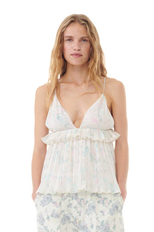 Pleated Georgette Strap Top | Tofu