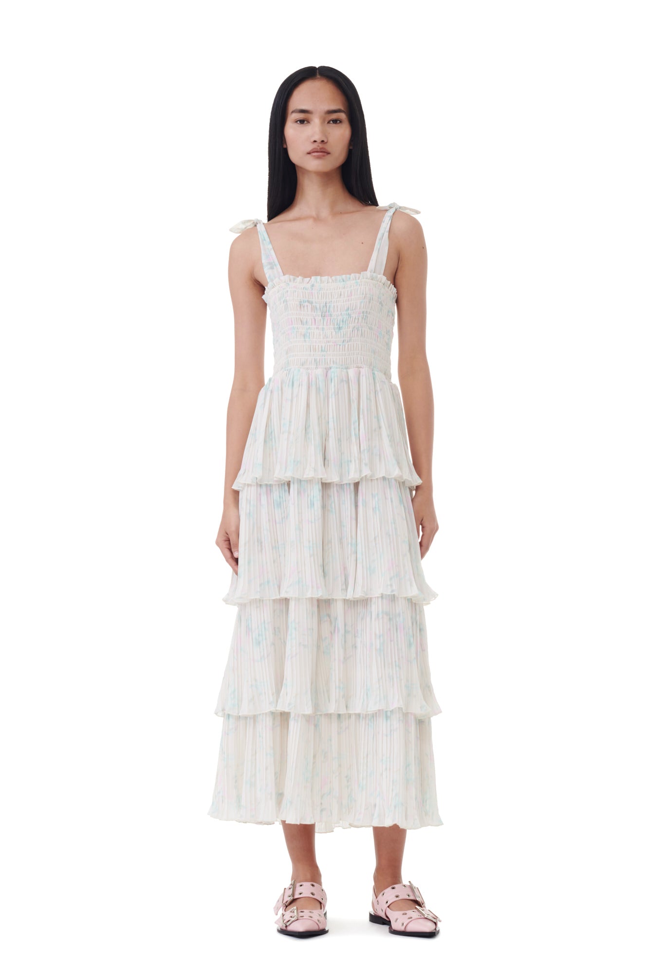 Pleated Georgette Strap Smock Midi Dress | Tofu