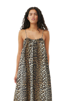 Printed Cotton Midi Strap Dress | Leopard
