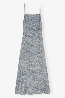 Crinkled Satin Open Back Long Slip Dress | Dusty Blue