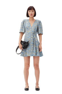 Crinkled Satin Mini Wrap Dress | Dusty Blue
