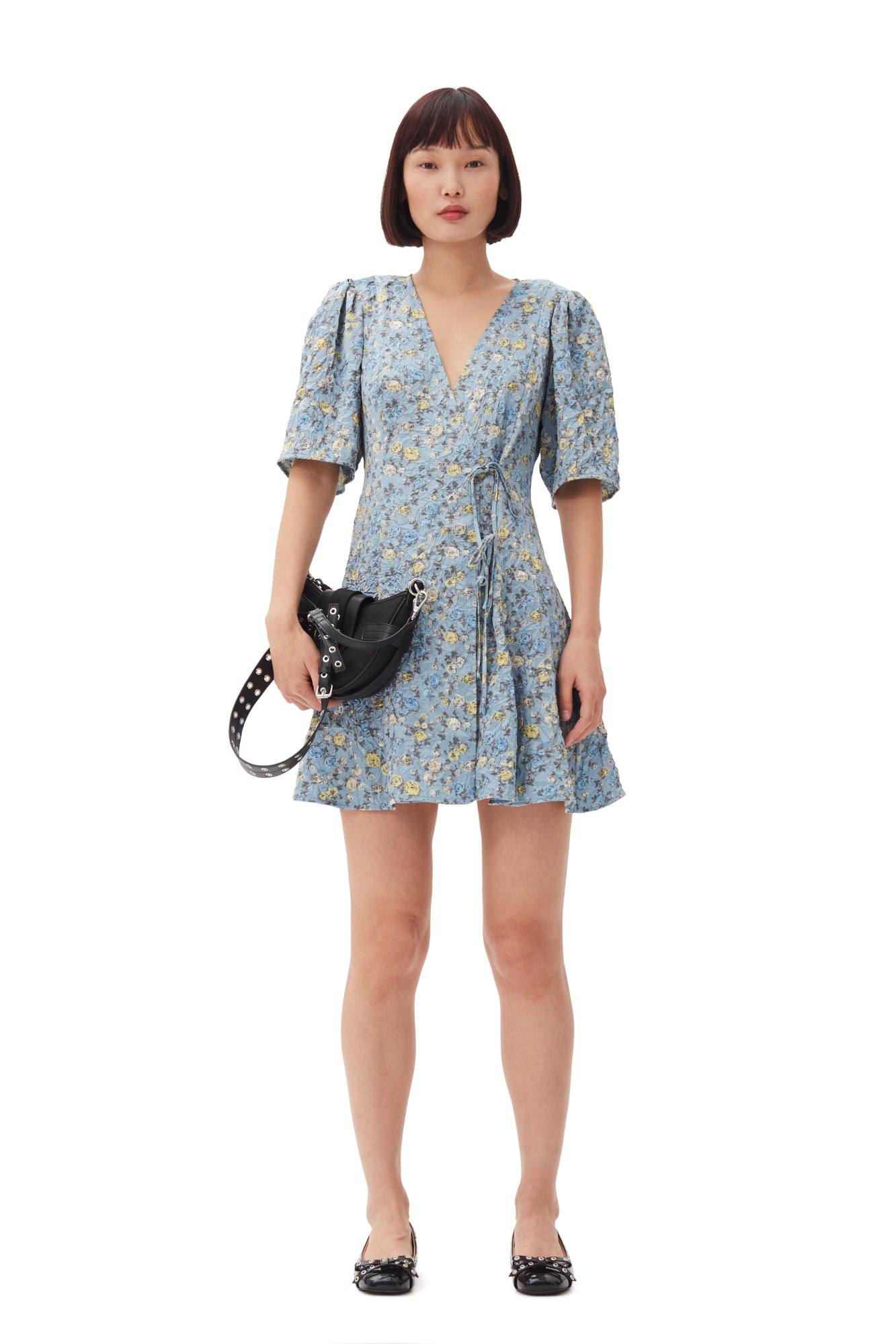 Crinkled Satin Mini Wrap Dress | Dusty Blue
