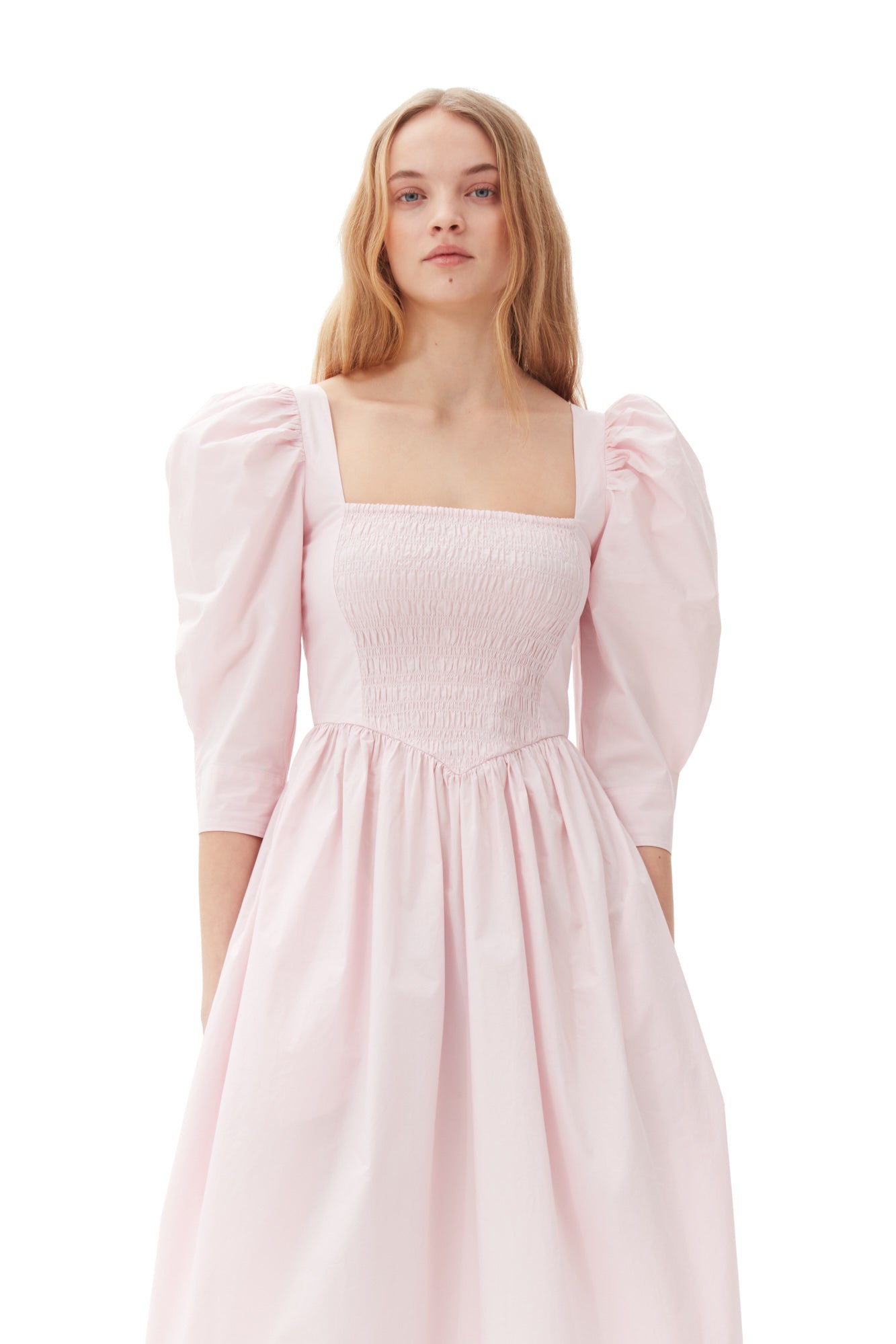 Cotton Poplin Open Neck Smock Dress | Chalk Pink