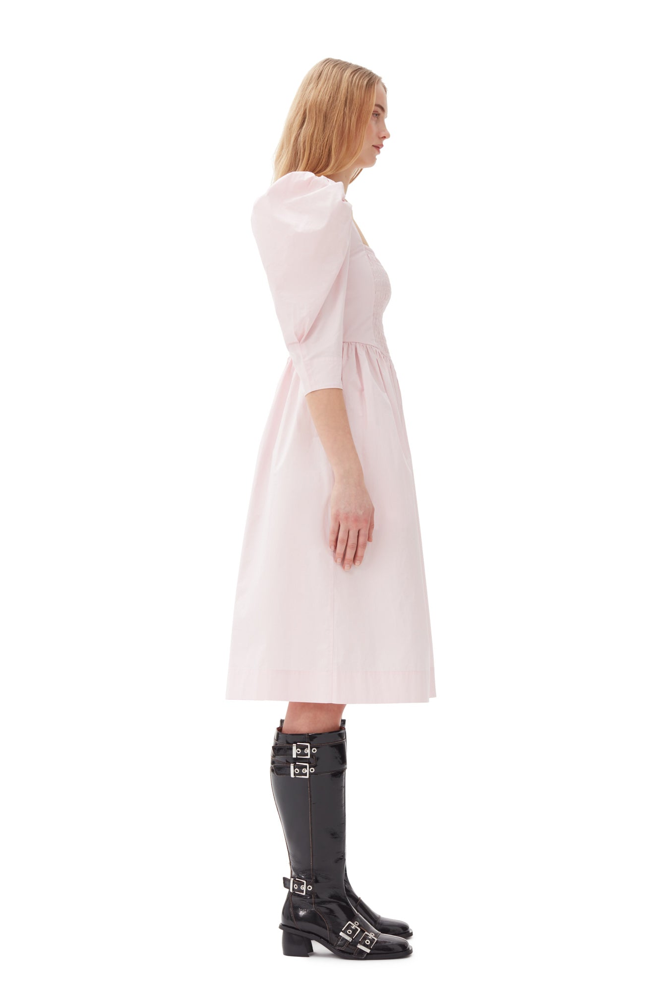 Cotton Poplin Open Neck Smock Dress | Chalk Pink