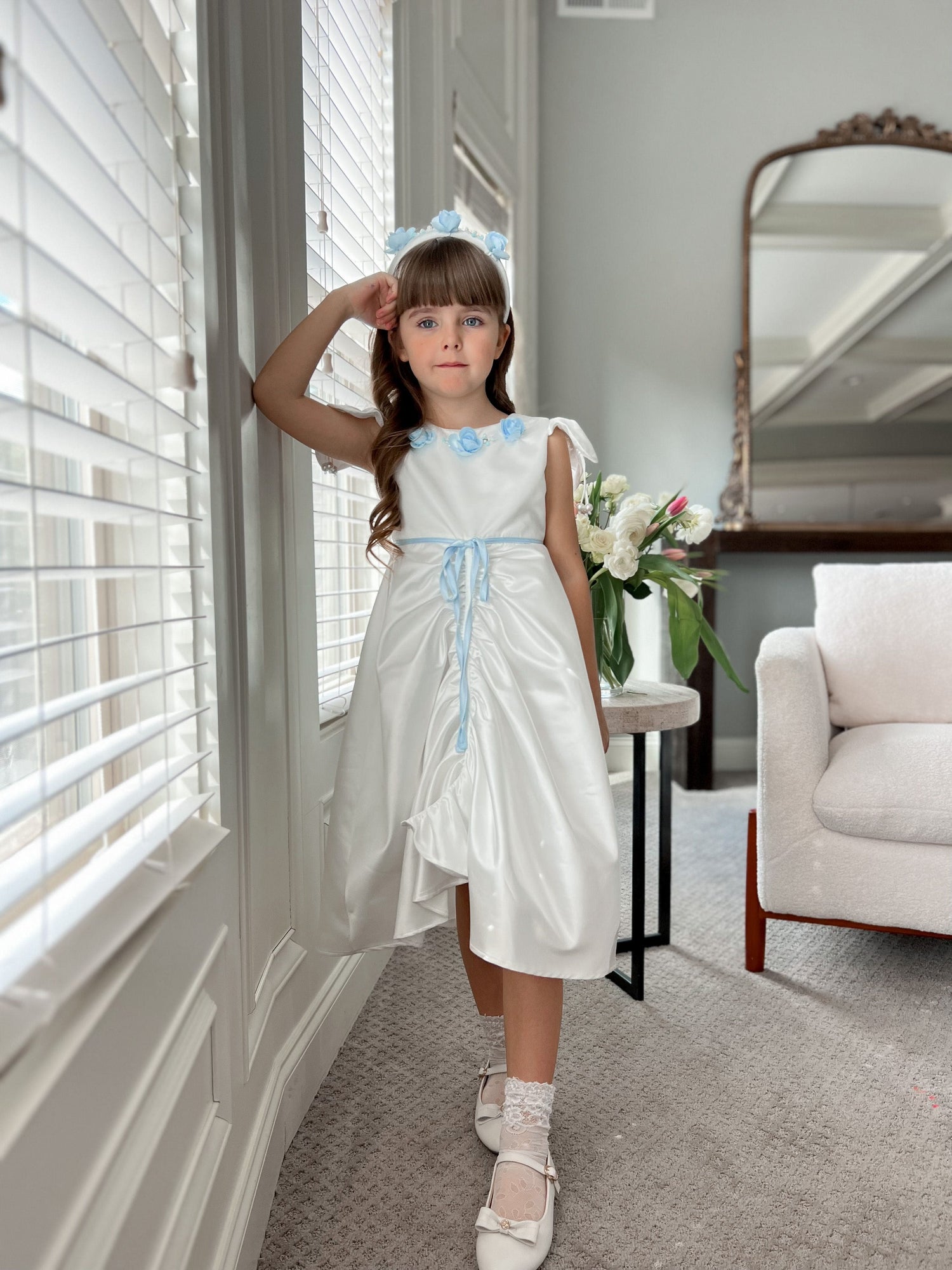 Baby Girls | Daphne Satin Dress with Embroidery | White & Blue