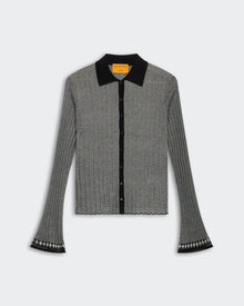 Fine Stripe Shirt Black Cream ribbed striped button-up with black collar and lace gingham stitch detail at sleeves and hem.
