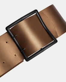 Close-up of the Rudsak ALLEA - 8424506 womens leather waist belt in brown, featuring a wide design and an antique bronze statement buckle, displayed against a plain white background.