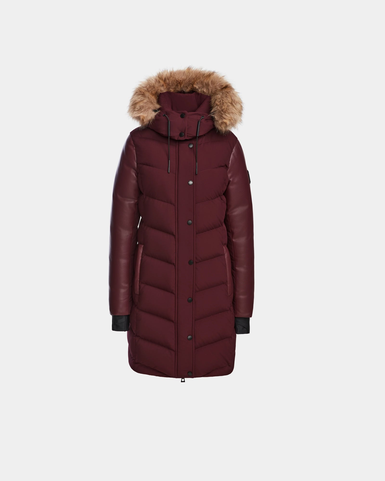 The Rudsak ELSA - L123535 Wine is a long burgundy women’s quilted down puffer coat with a fur-lined hood, black cuffs, front zipper and button closures, made with RDS-certified down, shown on a plain white background.
