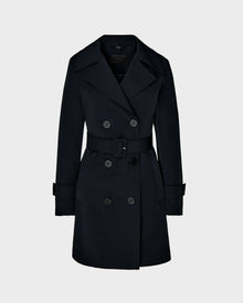 The KIMBERLY - 8124801 Black by Rudsak is a women’s belted, double-breasted trench coat with wide lapels, button closures, and adjustable cuffs in water-repellent fabric. Shown on a light gray background.
