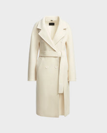 The Rudsak KOURT W - 8124702 Iceland is a long, cream wool coat with wide lapels, front buttons, and a matching waist belt, shown on a plain light background.