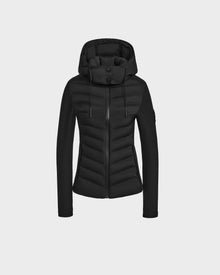 The Rudsak MALYA M - L123547 Black is a fitted womens jacket featuring a padded down quilted front, hood, full zip, and smooth long sleeves. Its activewear-inspired design is shown on a plain light gray background.