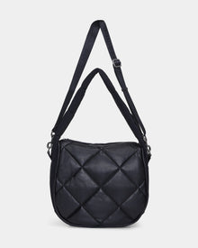 The Rudsak NIOBE L - 8324503 Black is a black quilted shoulder bag featuring two adjustable straps, silver hardware, and a diamond-patterned front, showcased against a plain white background.