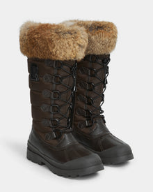 The WINDY - L224507 Espresso by Rudsak are tall, dark brown women’s winter boots featuring faux fur trim, lace-up fronts, and thick rubber soles for cold-weather comfort.