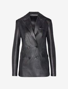 Faux Leather Double-Breasted Blazer::Black::Main