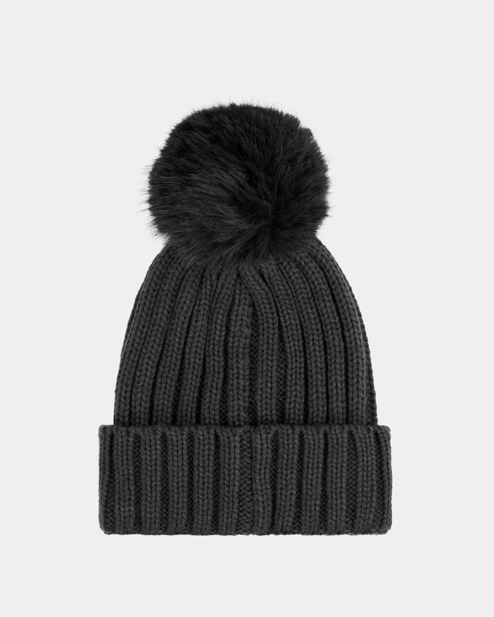 The Rudsak ANISA - L423500 Grey beanie features a ribbed knit design, a large faux fur pom pom, and a folded cuff, perfect for upgrading your winter look. Shown on a plain light gray background.