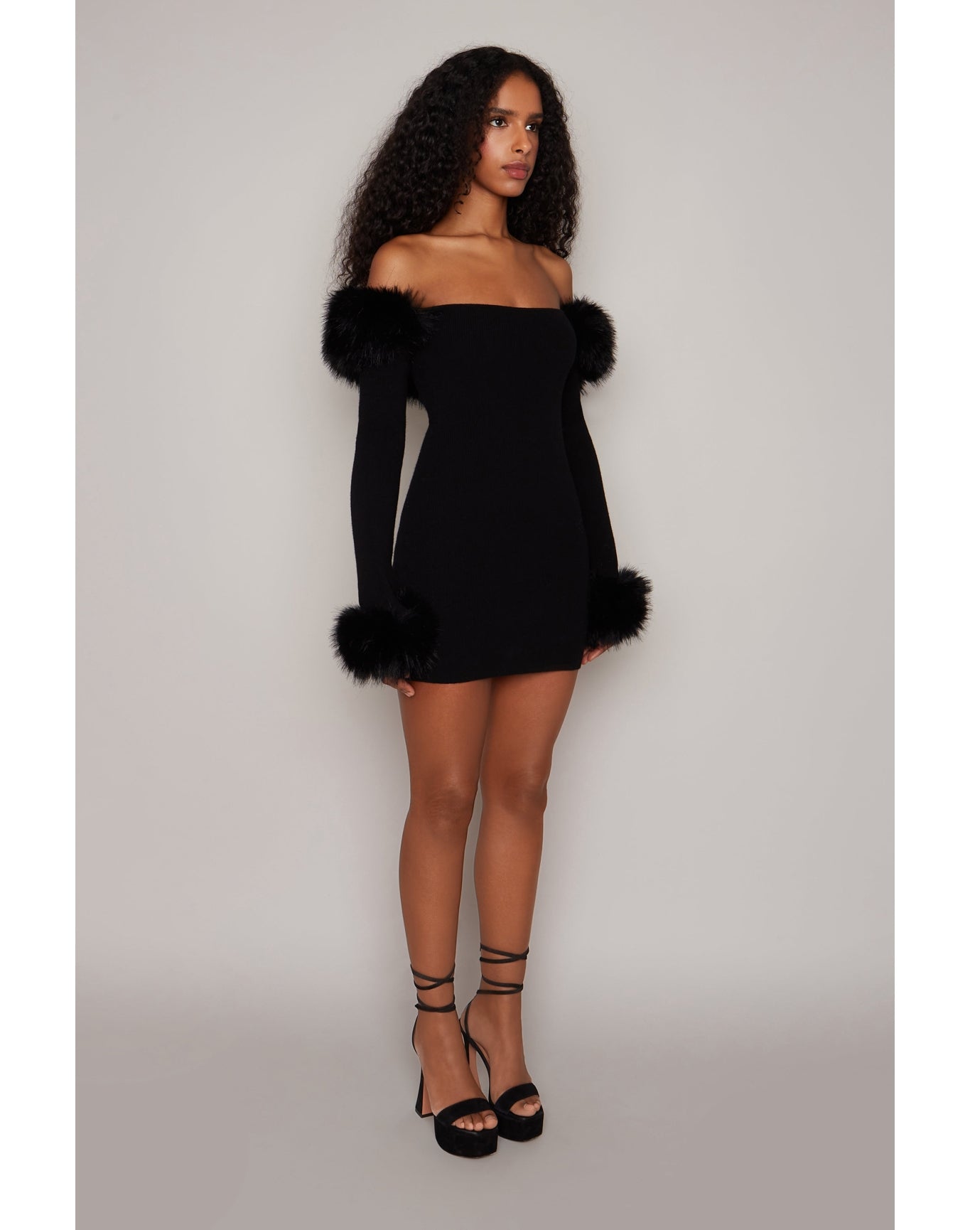 Faux Fur Off The Shoulder Mini Dress | Black