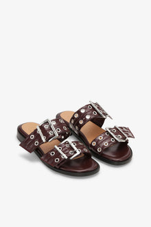 Feminine Buckle Two Strap Sandals in Burgundy | Tawny Port