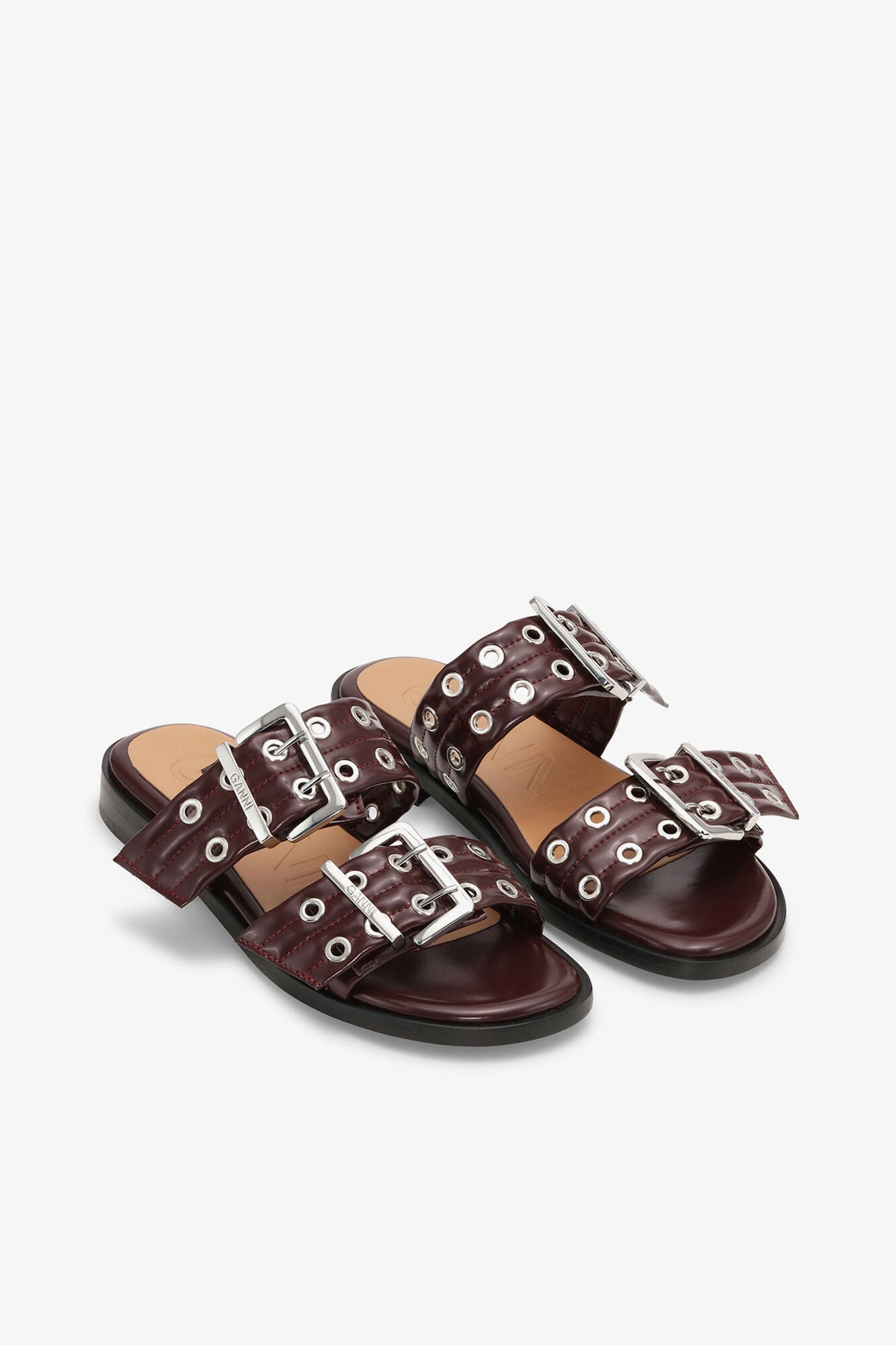 Feminine Buckle Two Strap Sandals in Burgundy | Tawny Port